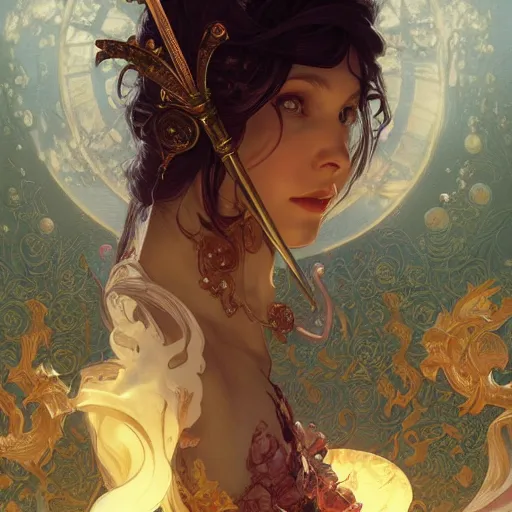 Prompt: alchemy and rosicrucianism fall in love, deep focus, d & d, fantasy, intricate, elegant, highly detailed, digital painting, artstation, concept art, matte, sharp focus, illustration, art by artgerm and greg rutkowski and alphonse mucha