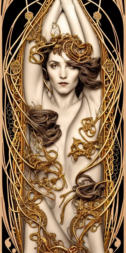 Prompt: the source of future growth dramatic, elaborate emotive Art Nouveau styles to emphasise beauty as a transcendental, seamless pattern, symmetrical, large motifs, hyper realistic, 8k image, 3D, supersharp, Art nouveau 3D curves and swirls, copper and Gold pipes, silk ribbons and golden chains, swarovski crystals, iridescent and black and shiny gold colors , perfect symmetry, iridescent, High Definition, sci-fi, Octane render in Maya and Houdini, light, shadows, reflections, photorealistic, masterpiece, smooth gradients, no blur, sharp focus, photorealistic, insanely detailed and intricate, cinematic lighting, Octane render, epic scene, 8K