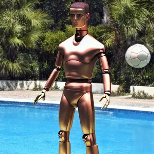 Prompt: a realistic detailed photo of a guy who is an attractive humanoid who is half robot and half humanoid, who is a male android, soccer player cristiano ronaldo, shiny skin, posing like a statue, blank stare, by the pool, on display, showing off his muscles, humanoid robot, gold soccer shorts