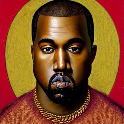 Image similar to portrait of kanye west, oil painting by jan van eyck, northern renaissance art, oil on canvas, wet - on - wet technique, realistic, expressive emotions, intricate textures, illusionistic detail