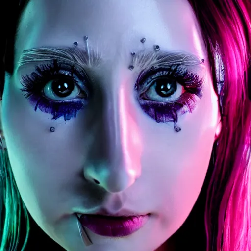 Prompt: a beautiful symmetrical portrait of a futuristic cyberpunk woman with tech built into her face