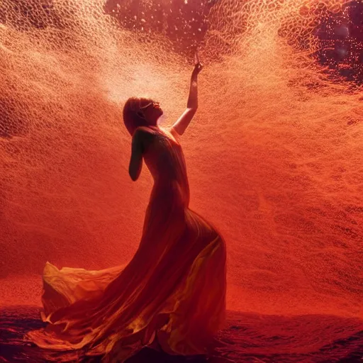 Image similar to woman dancing underwater wearing a long flowing dress made of red and yellow wire, coral sea bottom, swirling schools of silver fish, swirling smoke shapes, octane render, caustics lighting from above, cinematic, hyperdetailed