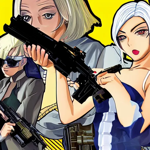 Prompt: anime woman with metallic gold and white hair wearing mafia clothing holding a gun, gta 5 cover