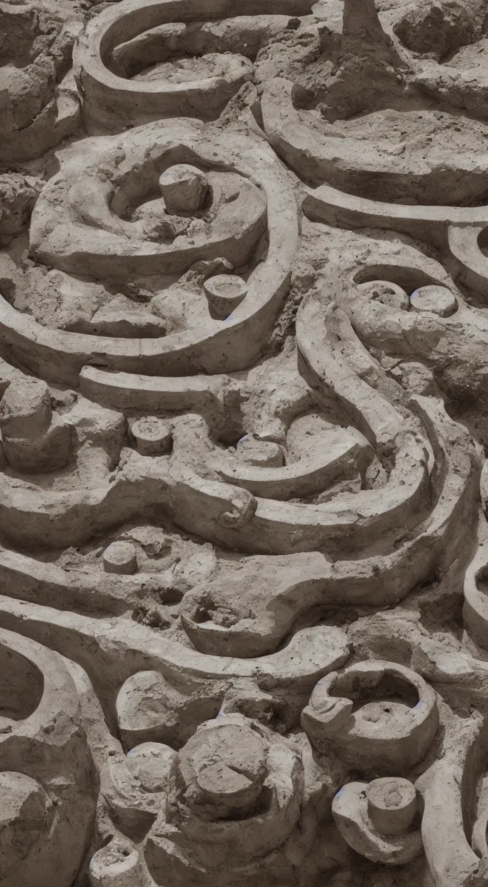 Prompt: a river entering a machine made from clay amphoras and producing a coin of water, architectural photograph , infrastructure, kidneys, aorta, white marble texture , 8k