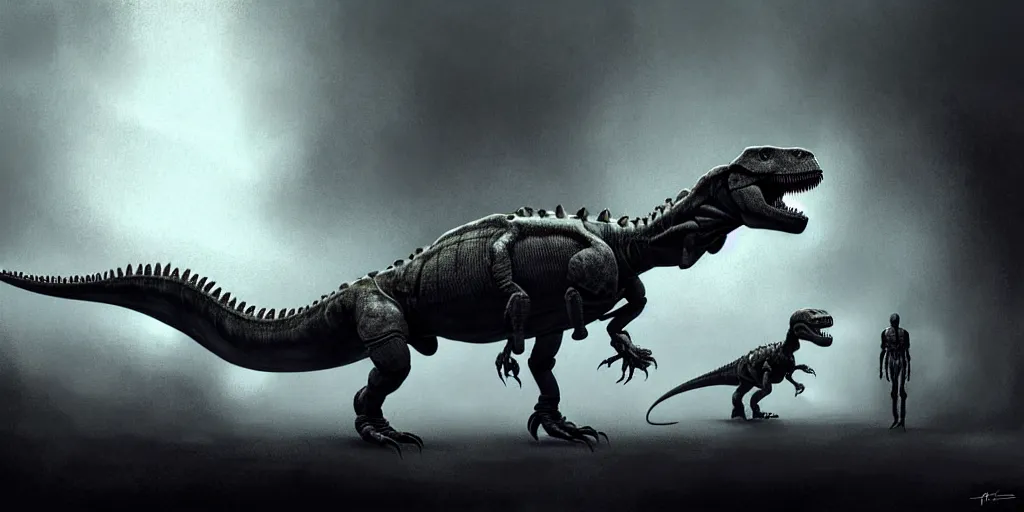 Image similar to ( ( ( ( dinosaur after 1 0 0 0 0 0 0 years of evolution ) ) ) ) in exoskeleton, upper body, highly detailed, digital painting, dark atmosphere, lynchian atmosphere, film noir style, artstation, concept art, matte, sharp focus, illustration, art by artgerm and greg rutkowski and giger