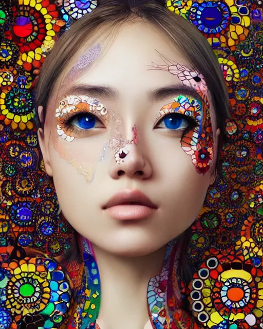 Image similar to a beautiful girl surrounded by bright intricate patterns, by takashi murakami, intricate painting, hyper realistic, extremely detailed and beautiful aesthetic face, 8 k resolution