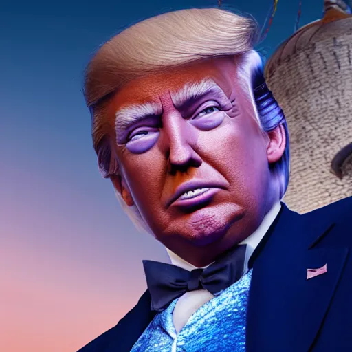 Image similar to portrait of donald trump as willy wonka in morrowind, fantasy, warcraft, warhammer, splash art, movie still, detailed face, photorealistic facial features, cinematic lighting, dramatic, octane render, long lens, shallow depth of field, bokeh, anamorphic lens flare, 8 k, hyper detailed, 3 5 mm film grain
