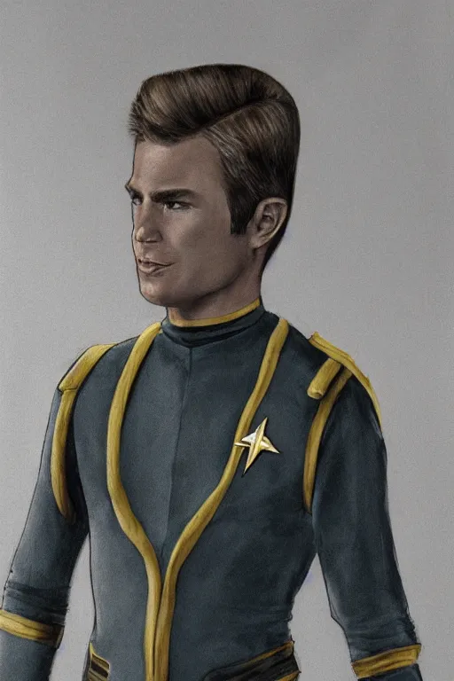 Prompt: full body digital portrait of scrawny captain james t kirk, starfleet uniform, star trek, malnourished, sensual, femmes, smooth, elegant, sharp focus, highly detailed