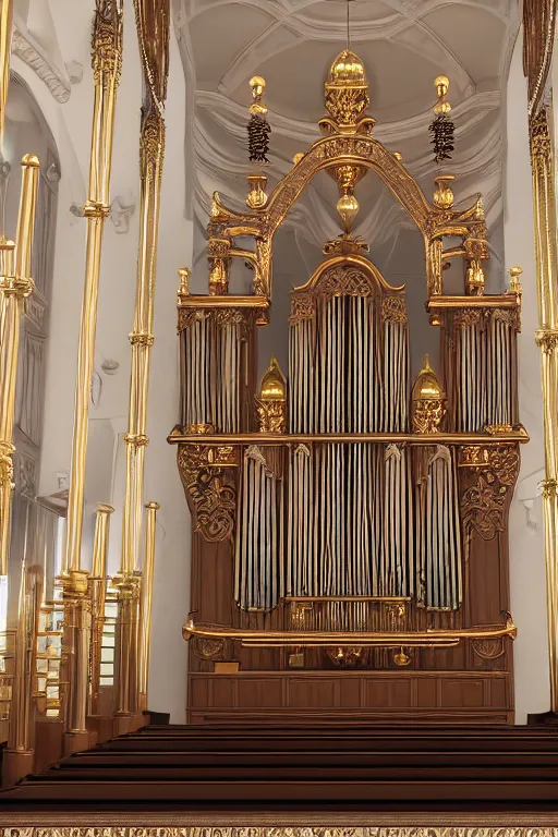 Image similar to a detailed render of an isolated lonely marble pipe organ in a church, with large golden pipes, trending on artstation, render, 3 d, octane, 4 k, 8 k, unreal engine, cinema 4 d