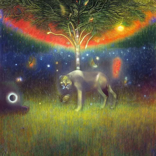 Image similar to psychedelic big cats hiding in the trees lush pine forest, outer space, milky way, designed by arnold bocklin, jules bastien - lepage, tarsila do amaral, wayne barlowe and gustave baumann, cheval michael, trending on artstation, star, sharp focus, colorful refracted sparkles and lines, soft light, 8 k 4 k