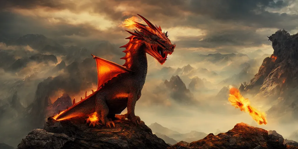 Image similar to A dragon breathing fire on the top of a mountain, epic composition, detailed and intricate image, cinematic, 4K