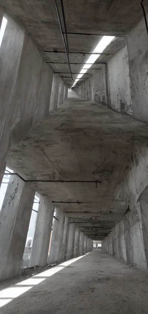 Image similar to endless concrete structure with steel pipes, dark, creepy,