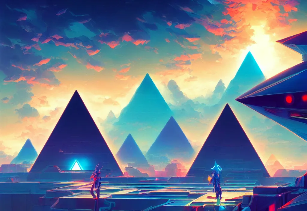 Image similar to a small chubby futuristic pyramid with neons at dawn, intricate oil painting, high detail illustration, sharp high detail, manga and anime 1 9 9 9, official fanart behance hd artstation by jesper ejsing and makoto shinkai, 4 k,