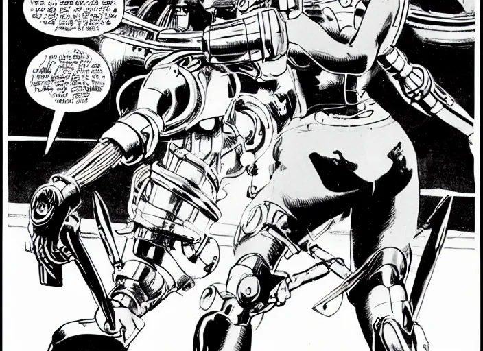 Image similar to dynamic comic panel of a beautiful riot grrl female superhero in short shorts fighting a chrome robot by cory walker and ryan ottley and jack kirby and barry windsor - smith and norman rockwel and frank frazetta, concept art, smooth, sharp focus, comic, illustration, photo real