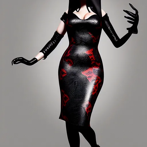 Image similar to curvy feminine hot goth woman with elegant red-black snakeskin leather dress, camo pattern, cgsociety, photorealistic, sublime ambience, idealistic, 16k, smooth, sharp focus, trending on ArtStation, volumetric lighting, fully clothed, worksafe