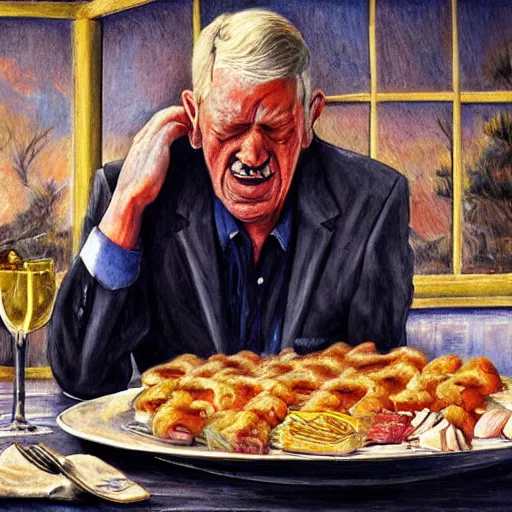 Image similar to a tall man crying at an all you can eat buffet, high detail, hyper realism