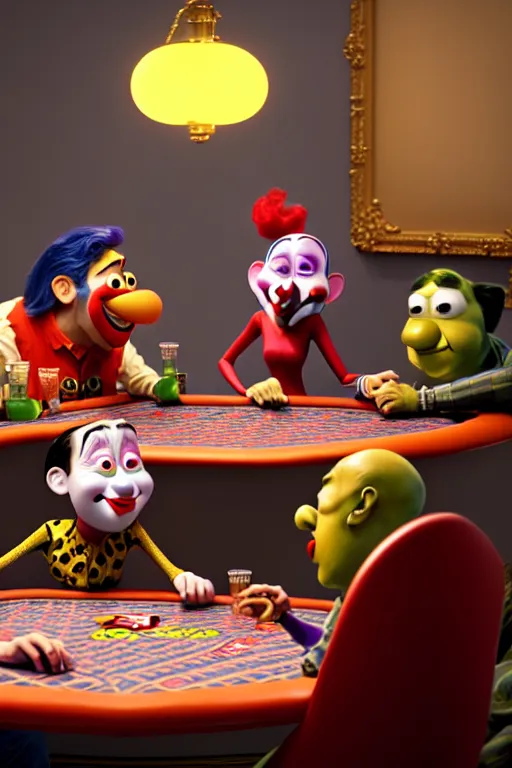 Image similar to pixar clowns sitting around a poker table, laughing maniacally | glamorous oily soft polished rich ornate modern | weta disney pixar movie still photo | hi - fructose, sci fi fantasy, smooth, octane render, sharp focus, artstation, concept art | artgerm, mucha, rutkowski, feng zhu, wlop, loish