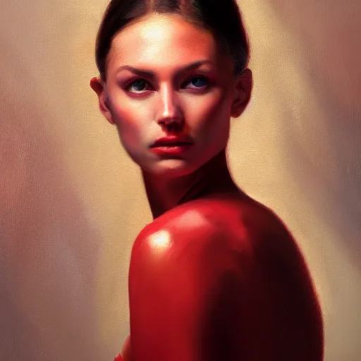 Image similar to a portrait of an intensely lit female, red, oil painting, pale colors, high detail, 8 k, wide angle, trending on artstation,