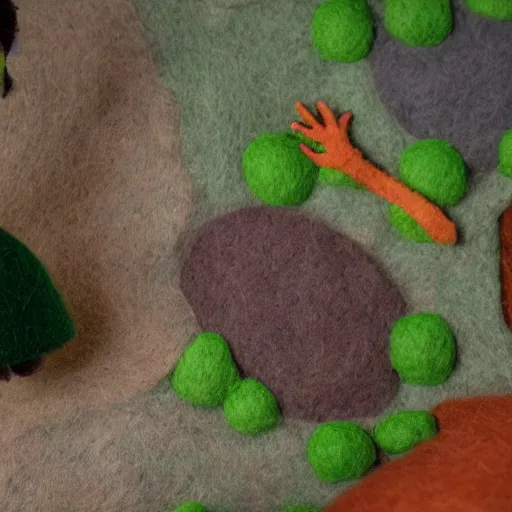 Image similar to Over the Garden Wall, greg and wirt are lost in the forest, scene made of felt and wool, claymation