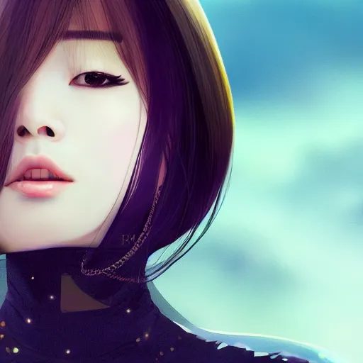 Image similar to close-up portrait of a beautiful Korean Luxurious Goddess wearing an elegant futuristic outfit posing dramatically in the art style of WLOP, 4k quality