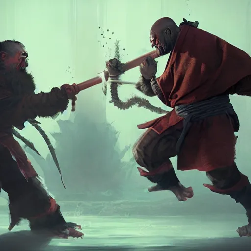 Image similar to monk fighting an orc, martial arts, 8k, sharp high quality artwork in style of Jose Daniel Cabrera Pena and Greg Rutkowski, concept art by Tooth Wu, blizzard warcraft artwork