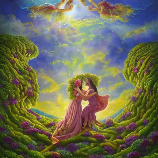 Image similar to a detailed fantasy painting of romantic hearts in the sky and broccolis floating in the sky, by lauri blank, artgerm, evelyn de morgan, 8K, 50mm lens