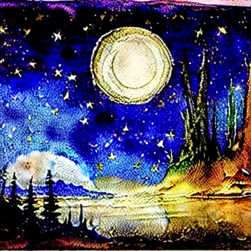 Image similar to a variety of sparkly landscapes at night with stars and a full moon, by bob ross, by leonardo davinci, watercolor, wet on wet, on canvas, starry night