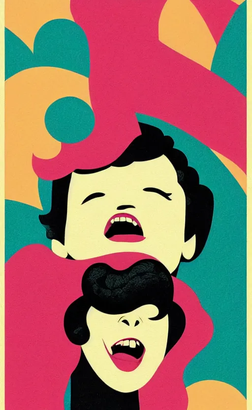 Image similar to illustration with a woman laughing out loud with open mouth, standup, comedy, joke, an art deco painting by tom whalen, trending on behance, art deco, digital illustration, storybook illustration, grainy texture, flat shading, vector art, airbrush, pastel, watercolor, poster