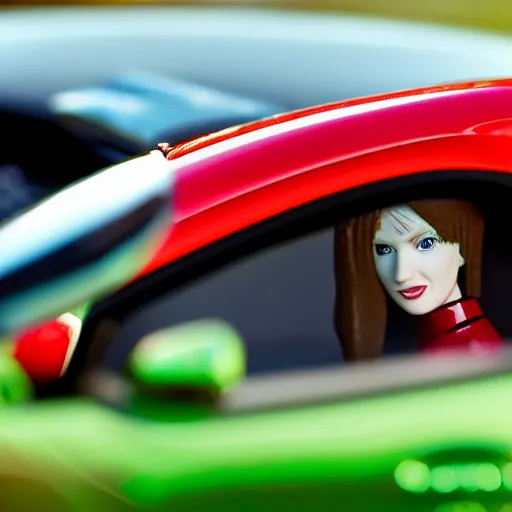 Image similar to a red haired woman driving a Jada toys mitsubishi eclipse green diecast car, high resolution macro photo, viewed through the cars window