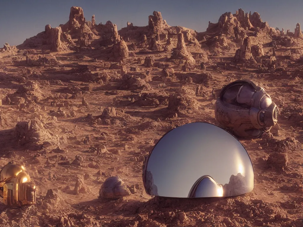 Prompt: glowing bene gesserit in full - face golden mask in a dry rocky desert landscape with abandoned city beneath the sand and giant alien spaceship in the sky attacks the earth, giant mirrors by christopher doyle and alejandro jodorowsky, anamorphic lens, kodakchrome, cinematic composition, very detailed photo, 8 k,