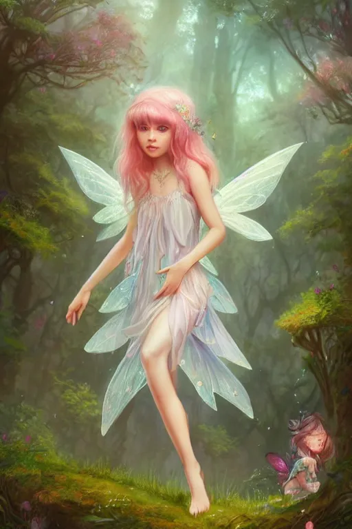 Image similar to a cute and geogerous fairy in the dreamy forest, fantasy, dreamlike, 8 k resolution, hyper detailed, d & d, character design, digital painting, trending on artstation, sharp focus, illustration, art by viktoria gavrilenko, hoang lap, fuji choko, steve zheng,