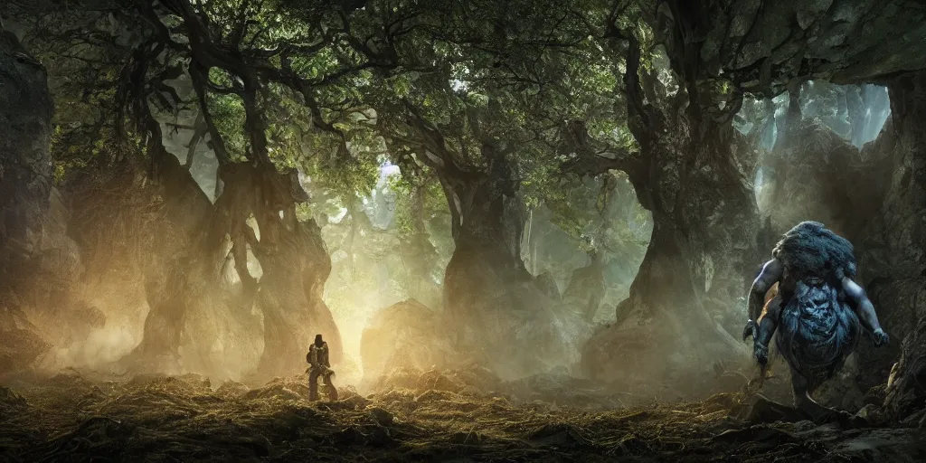 Prompt: a giant armored cave troll in a scary forest in the style of lord of the rings, 8 k, moody lighting, shallow depth of field, raytracing,