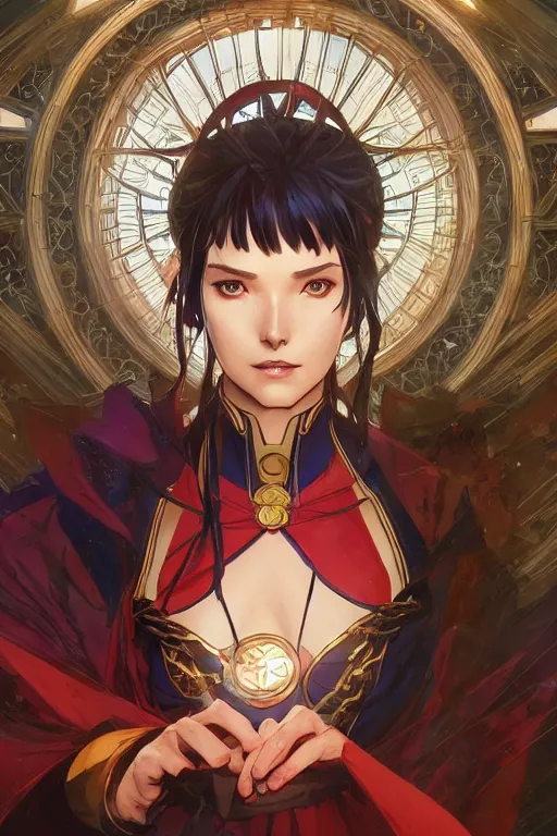 Image similar to anime key visual of a beautiful young female doctor strange, marvel comics, spells, magic, intricate, magical village, stunning, highly detailed, digital painting, artstation, smooth, hard focus, illustration, art by artgerm and greg rutkowski and alphonse mucha