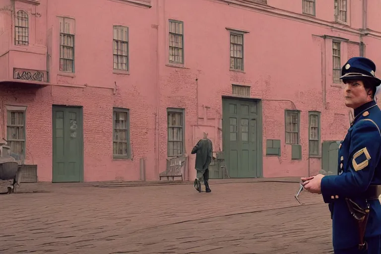 Prompt: wide-shot concept image of a constable in a movie directed by Wes Anderson, symmetrical shot, idiosyncratic, relentlessly detailed, pastel colour palette, detailed perfect face, movie still frame, promotional image, imax 70mm footage