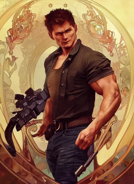 Image similar to photorealistic, canon eos 5 d mark iv, pretty muscular dean winchester as a character in romance book art design, character concept, sharp focus!, ultra detailed, art by artgerm alphonse mucha, wlop