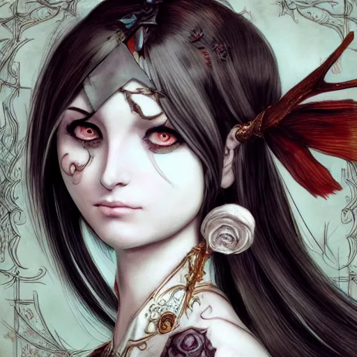 Prompt: portrait of alice, alice madness returns, baroque style, elegant, beautiful, mesmerizing, concept art, fancy clothing, highly detailed, artstation, behance, deviantart, inspired by innocent manga, inspired by castlevania concept art, trending, ayami kojima, shinichi sakamoto