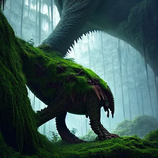 Prompt: a giant creature in a lush trunda vegetation, snow snow : : by michal karcz, daniel merriam, victo ngai and guillermo del toro : : ornate, dynamic, particulate, intricate, elegant, highly detailed, centered, artstation, smooth, sharp focus, octane render, 3 d