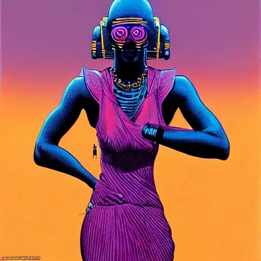 Image similar to african woman, cyberpunk, retro vintage art, cool, 80s, nomad, street style, symmetrical, 2d matte illustration, Stanisław Szukalski + Moebius,