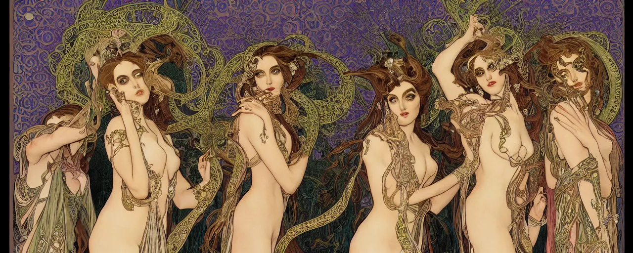 Image similar to stunning exotic art nouveau portrait of the three fates as beautiful mythological heavy metal sisters of the night by chris achilleos, michael kaluta and alphonse mucha, photorealism, extremely hyperdetailed, perfect symmetrical facial features, perfect anatomy, ornate intricate declotage, spikes, confident expression, wry smile, eldritch powers, witchcraft