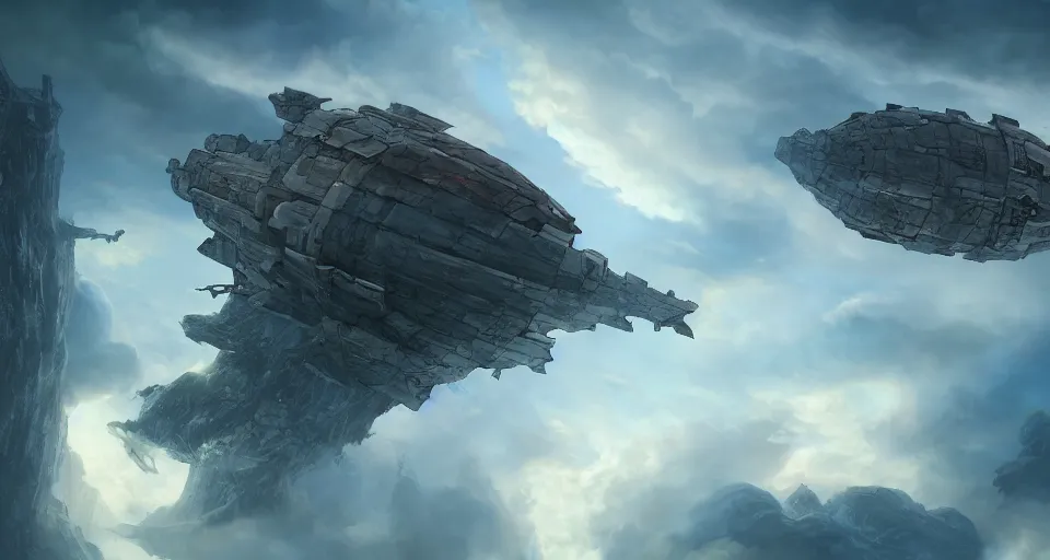 Prompt: An epic fantasy comic book style landscape painting of a fantasy airship flying through the clouds towards a city built within a chasm, unreal 5, DAZ, hyperrealistic, octane render, dynamic lighting