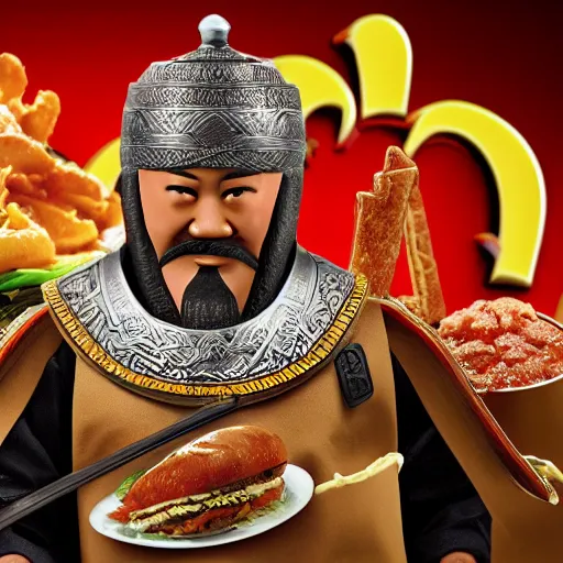 Prompt: genghis khan in mcdonalds, very detailed, photography
