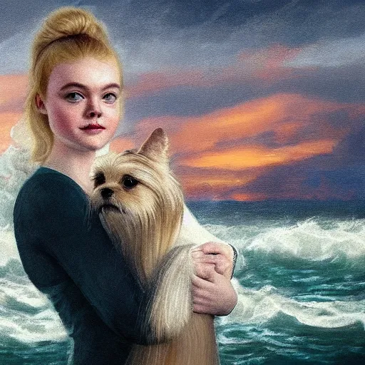 Prompt: Elle Fanning at sea holding a Yorkshire Terrier in the style of Lady with an Ermine, head and shoulders portrait, stormy weather, extremely detailed masterpiece, oil on canvas, low-key neon lighting, artstation, Blade Runner 2049, Roger Deakin’s cinematography, by J. C. Leyendecker and Peter Paul Rubens and Edward Hopper and Michael Sowa,