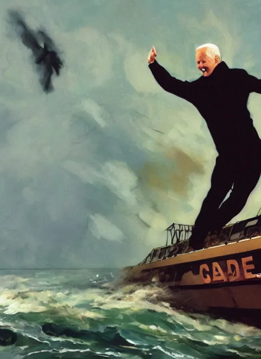 Image similar to joe biden jumping off of ship, drowning, propaganda art, water crashing, water rushing lungs, fear!!!!!! scary, painting by phil hale, fransico goya,'action lines '!!!, graphic style, visible brushstrokes, motion blur, blurry, visible paint texture, crisp hd image