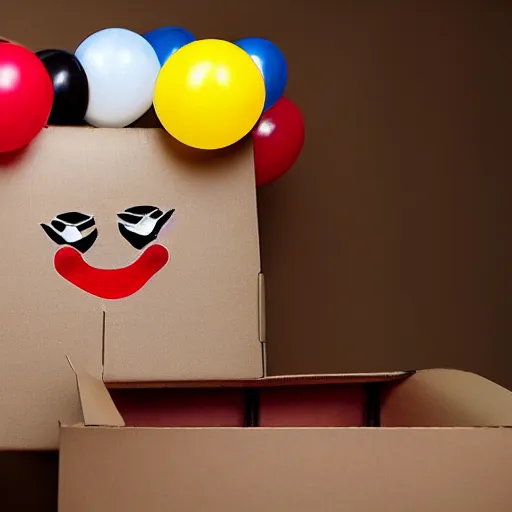 Image similar to a cardboard box opened up with a clown face popping out of it, realistic, the name wbnl on it