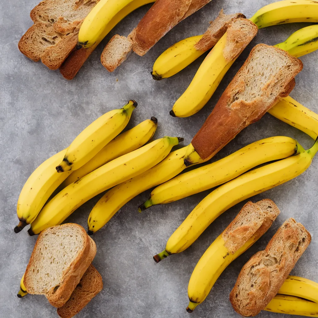 Image similar to bananas and bread bundled together with a paper banderole