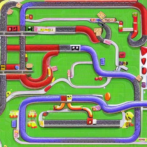 Image similar to top down view of Nintendo Mario kart double dash custom racetrack map. Wario Casino greedy capitalist video game track.