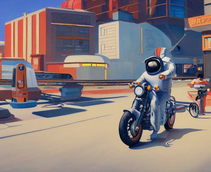 Image similar to a very detailed painting of a astronaut wearing a suit, riding a motorbike down a street, harley davidson motorbike, worm's - eye view, very fine brush strokes, very aesthetic, very futuristic, in the style of edward hopper and grant wood and syd mead, 4 k,