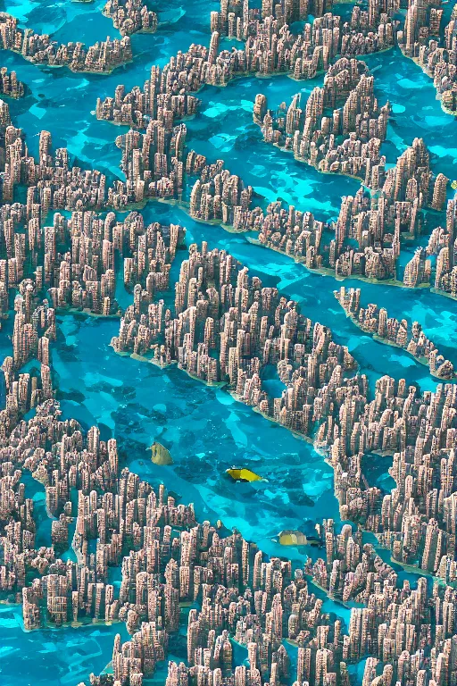 Image similar to ” marine life swimming around a huge city, overdetailed image, ultra realistic, 8 k ”