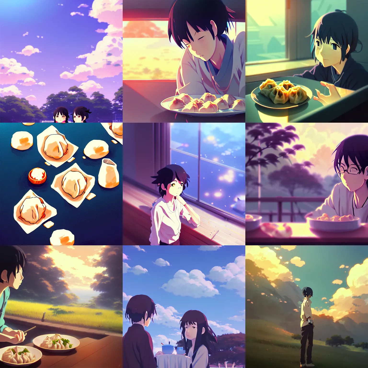 Prompt: dumplings, animation, by makoto shinkai, digital art, illustrations