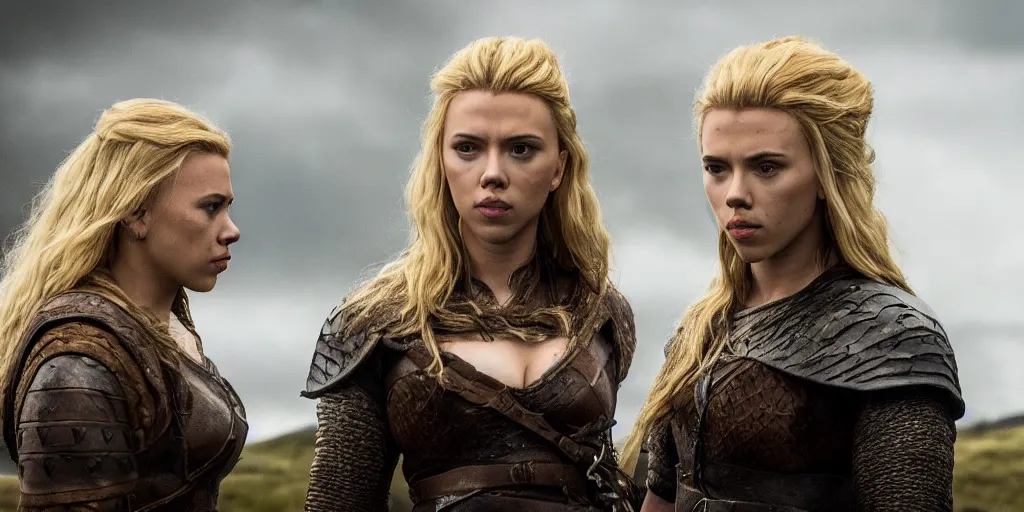 Image similar to Scarlett Johansson playing a shield maiden in the TV series Vikings